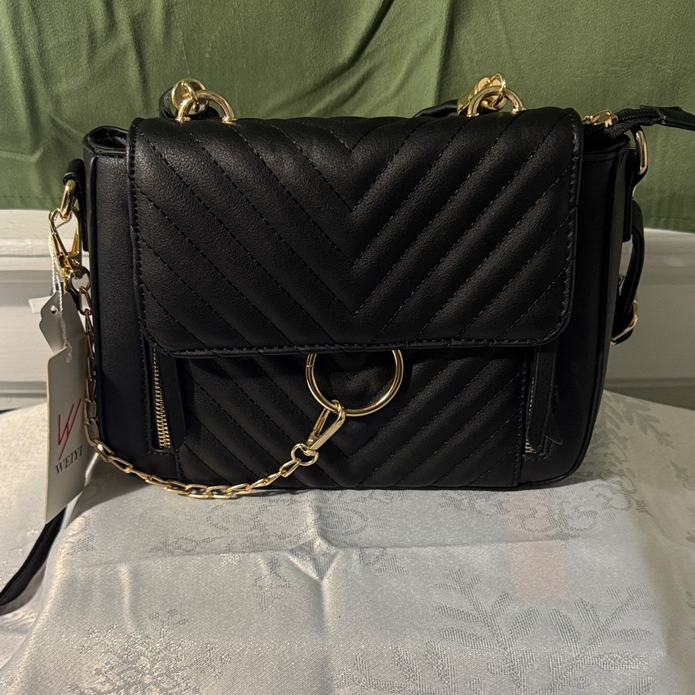 Vietri Black Chevron Crossbody Bag with Gold Accents